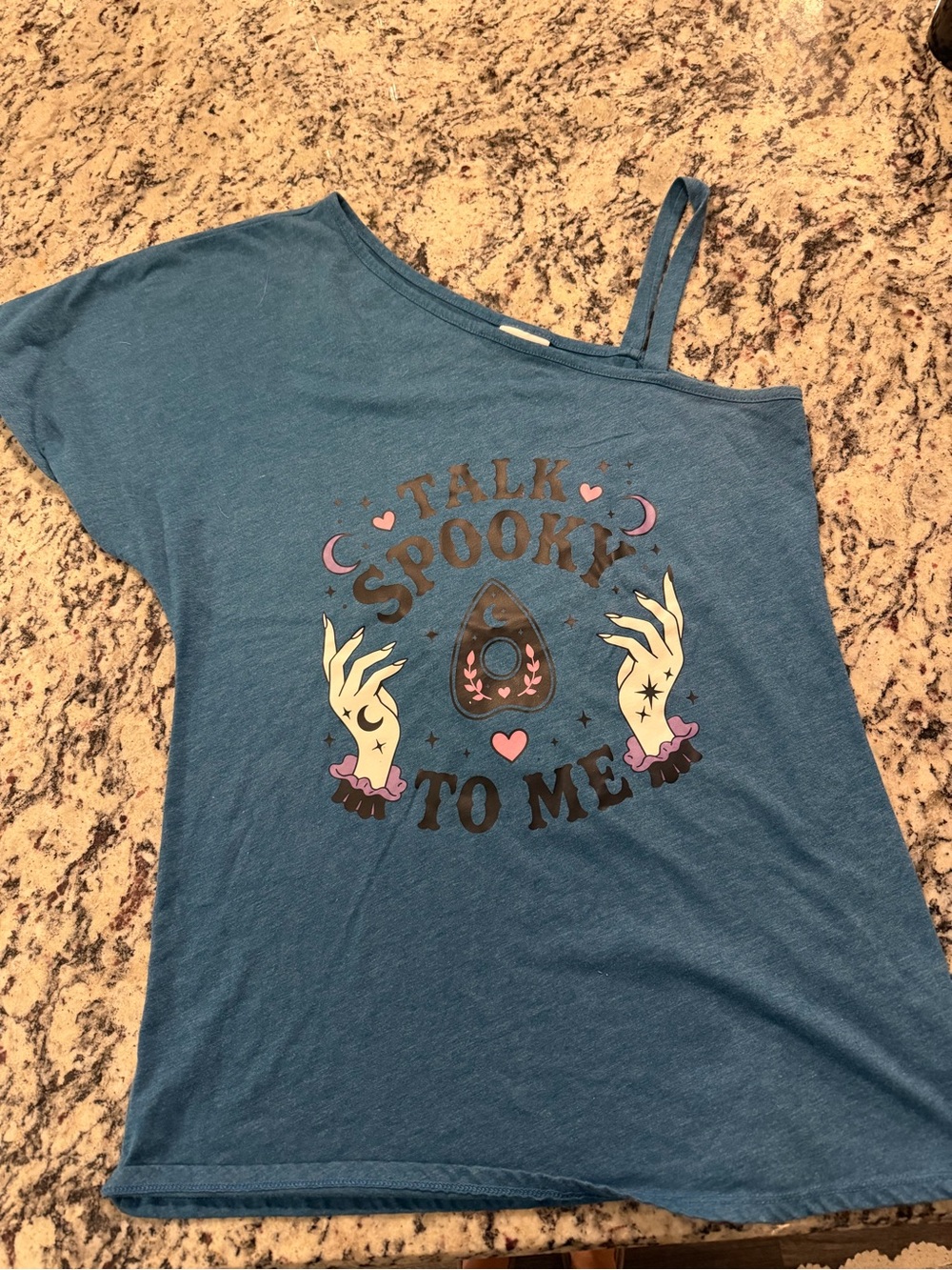 ALLOY Blue Off-Shoulder 'Talk Spooky To Me' Graphic Tee Halloween
